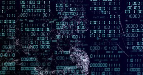 Displaying dense field of glowing binary digits overlaid by 3D wireframe network Stock Illustration