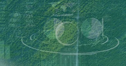 Displaying dense forest canopy from drone view showing translucent UI elements Stock Photos