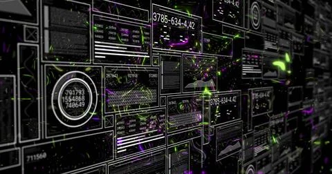 Displaying dense grid of data panels and widgets receding on 3D data wall, with Stock Illustration