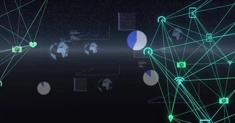 Displaying dense teal network occupying right side in virtual HUD, showing node Stock Illustration