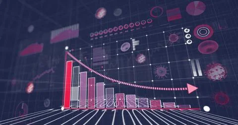 Displaying descending bar chart falling in virtual dashboard, showing dotted Stock Photos