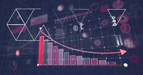 Displaying descending bars showing data drop on grid background, with curved Stock Photos