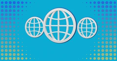 Displaying design showing three wireframe globes on blue with halftone dot Stock Photos