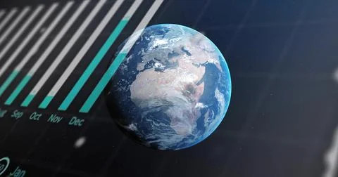 Displaying detailed 3D Earth globe rotating in virtual dashboard, showing teal Stock Illustration