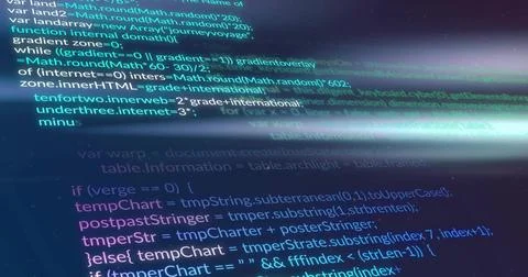 Displaying dev workstation screen showing syntax-colored JS code at desk, with Stock Illustration