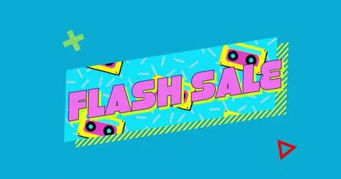 Displaying diagonal cyan banner on teal field, showing bold 3D FLASH SALE text Stock Illustration