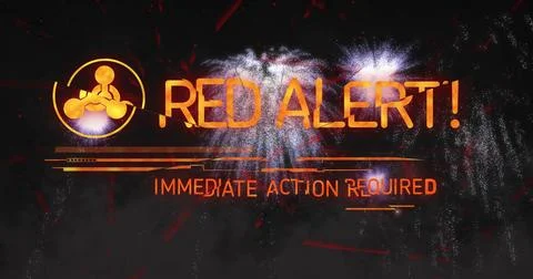Displaying digital alert on dark backdrop, showing RED ALERT and IMMEDIATE Stock Illustration
