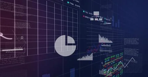 Displaying digital analytics dashboard on dark gradient, showing grid, pie, line イラスト素材