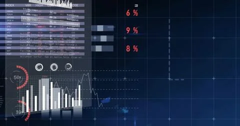 Displaying digital analytics dashboard left of frame, showing INDEX table, Stock Illustration