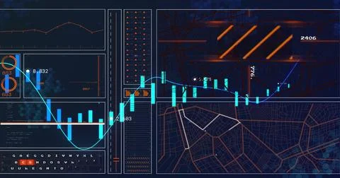 Displaying digital analytics dashboard UI filling monitor, with candlestick 스톡 일러스트