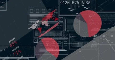 Displaying digital analytics dashboard in virtual interface, with world map and Stock Illustration