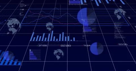 Displaying digital analytics grid showing blue purple charts in 3D dashboard, Stockfoto's