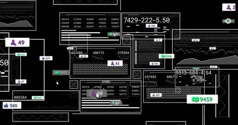 Displaying digital analytics interface on screen, showing dashboard panels, code Illustrazione stock