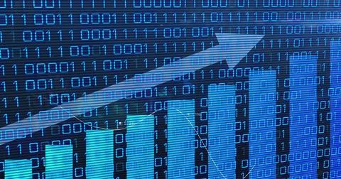 Displaying digital ascending bar chart tracing diagonal arrow in data dashboard Stock Illustration