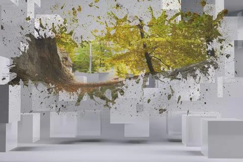 Displaying digital autumn forest splash within white geometric gallery, Illustrazione stock