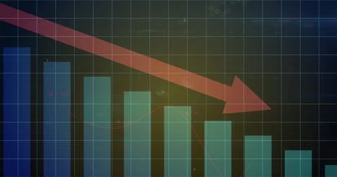 Displaying digital bar chart graphic indicating downward trend on dark-toned Illustrazione stock