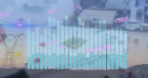 Displaying digital bar chart overlay spanning highway, with steel tower, wind Foto stock