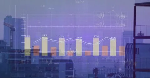 Displaying digital bar-line chart with grid lines on office balcony railing, Stock Photos