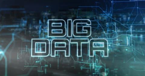 Displaying digital BIG DATA text glowing over nighttime cityscape, with network Stockfoto's