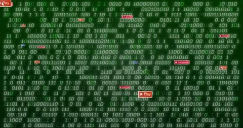 Displaying digital binary field streaming on virtual dashboard, with red Play Stock Photos