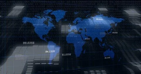 Displaying digital blue world map hovering above virtual grid, showing binary Stock Photos