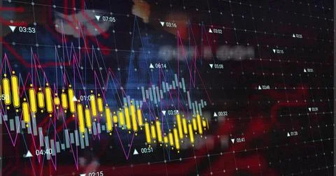 Displaying digital chart on dotted dark grid, with yellow candlesticks, magenta Stock Photos