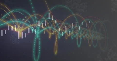 Displaying digital chart moving on dark gradient screen, with candlesticks, Stock Photos