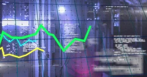 Displaying digital chart overlay at data center racks, showing neon green cyan Foto stock