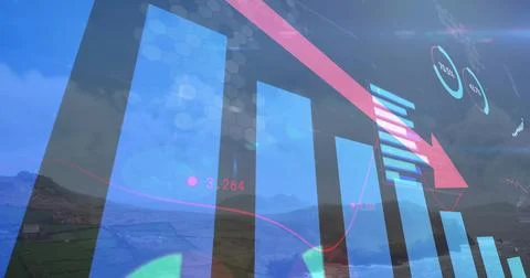 Displaying digital chart overlay over rural valley farmland, with blue bars, red 스톡 사진