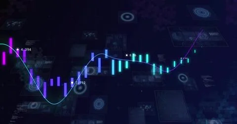 Displaying digital chart tracing glowing line on finance UI, showing neon bars, Stock Illustration