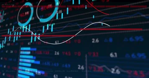 Displaying digital chart on trading desk, with candlestick bars, trend lines and Stock Illustration
