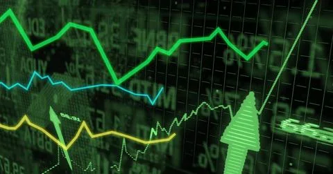 Displaying digital charts moving on trading screen with neon line charts, gre Illustrazione stock