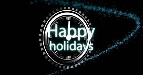 Displaying digital clock face ticking at midnight in dark void, with Happy Illustrazione stock