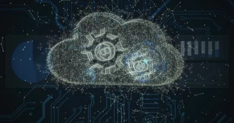 Displaying digital cloud glowing with particles in virtual interface, with ge Stock Illustration
