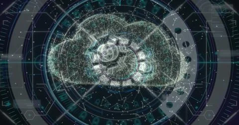 Displaying digital cloud icon glowing in HUD interface, with node connections Foto stock