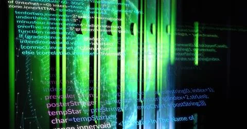 Displaying digital code lines with green light bars and grid data points on Stock Photos