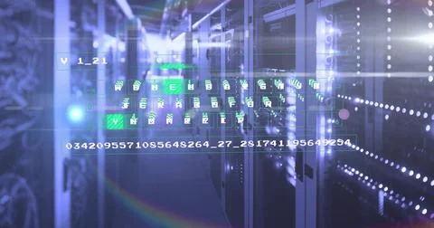 Displaying digital code overlay in server rack corridor, highlighting blinking Stock-Fotos