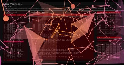 Displaying digital code panels and network nodes at virtual terminal, with Stock Photos