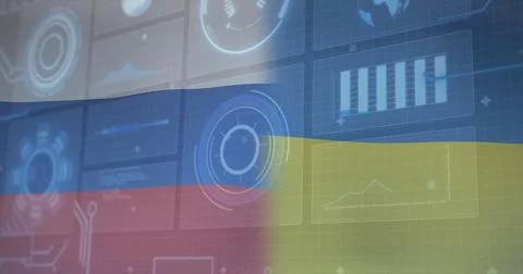 Displaying digital control panel in virtual console, with UI elements and split Stock Photos