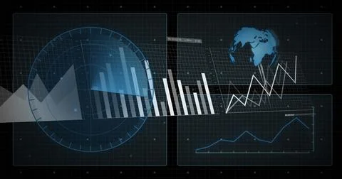 Displaying digital dashboard at abstract computer interface, with circular HUD Foto stock