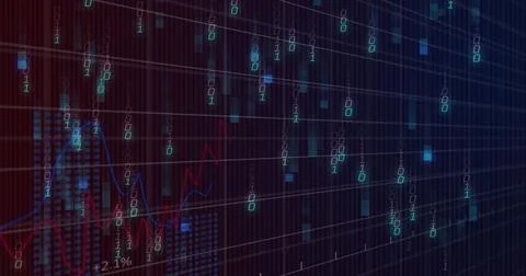 Displaying digital dashboard on dark screen, showing falling binary digits, red Stock Photos