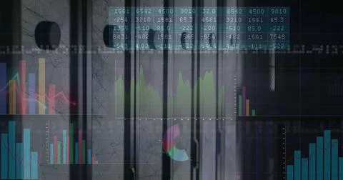 Displaying digital dashboard at data center with colored bar charts, line Stock Photos