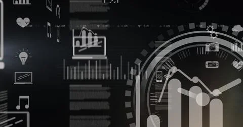 Displaying digital dashboard with data charts, circular gauge, and floating Stock Illustration
