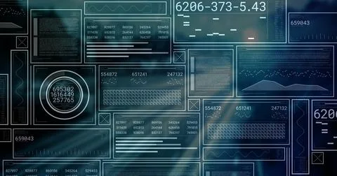 Displaying digital dashboard floating over blue backdrop, with data panels Stock Illustration