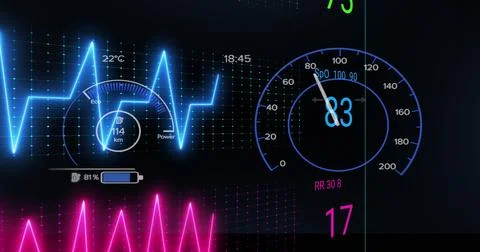 Displaying digital dashboard HUD glowing on dark backdrop, with speedometer, Stock Illustration