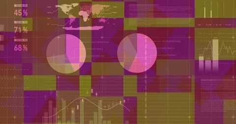 Displaying digital dashboard interface on screen, with world map, pie charts and Stock Photos