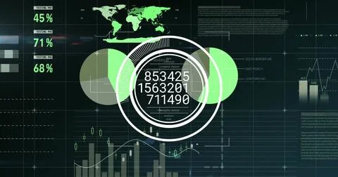 Displaying digital dashboard on large screen, with world map and concentric 스톡 사진
