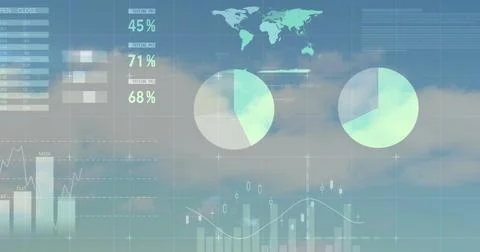 Displaying digital dashboard overlay floating against blue sky, featuring world Stock Illustration