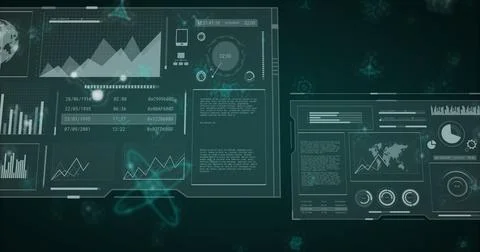 Displaying digital dashboard panels in virtual command center, with bar charts Stock Illustration