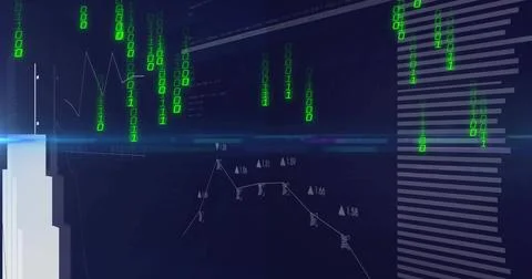 Displaying digital dashboard pulsing on screen, showing green binary streams, Stock Illustration